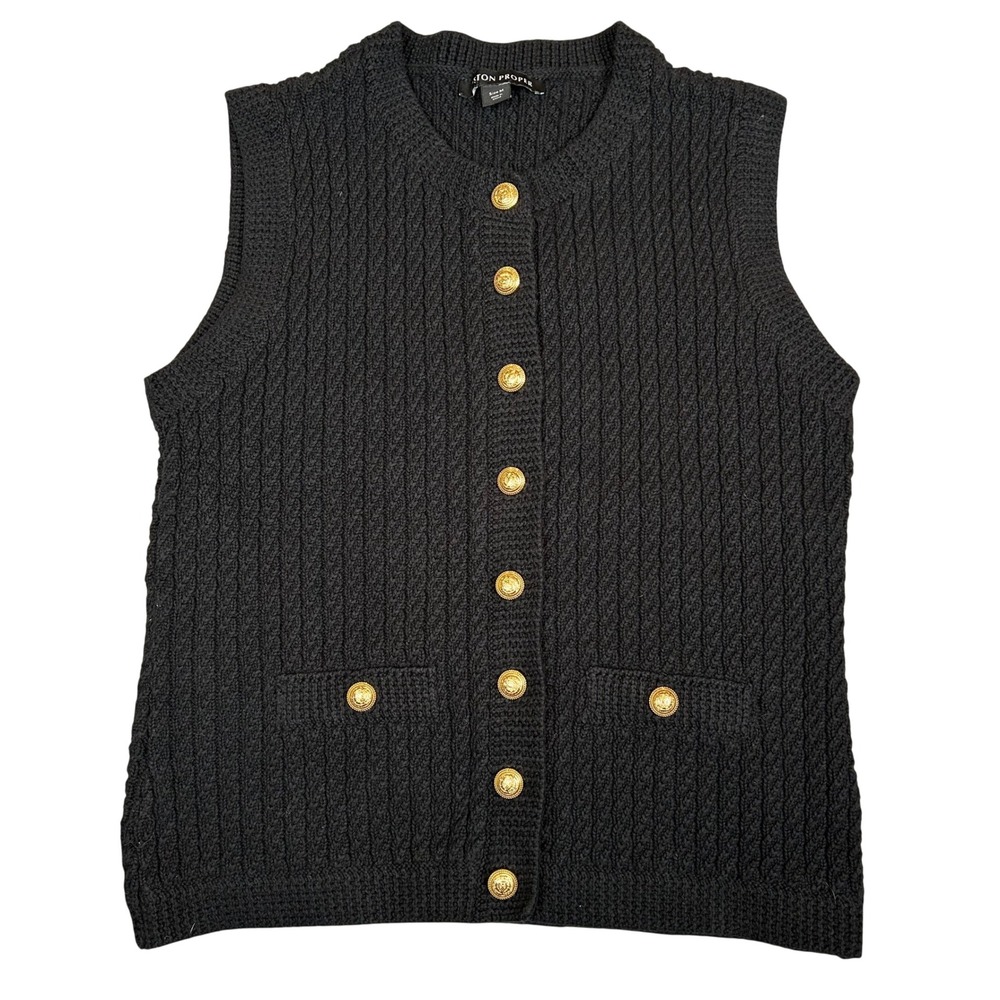Boston Proper Cable Knit Sweater Vest Women M Cotton Gold Button Preppy Academia